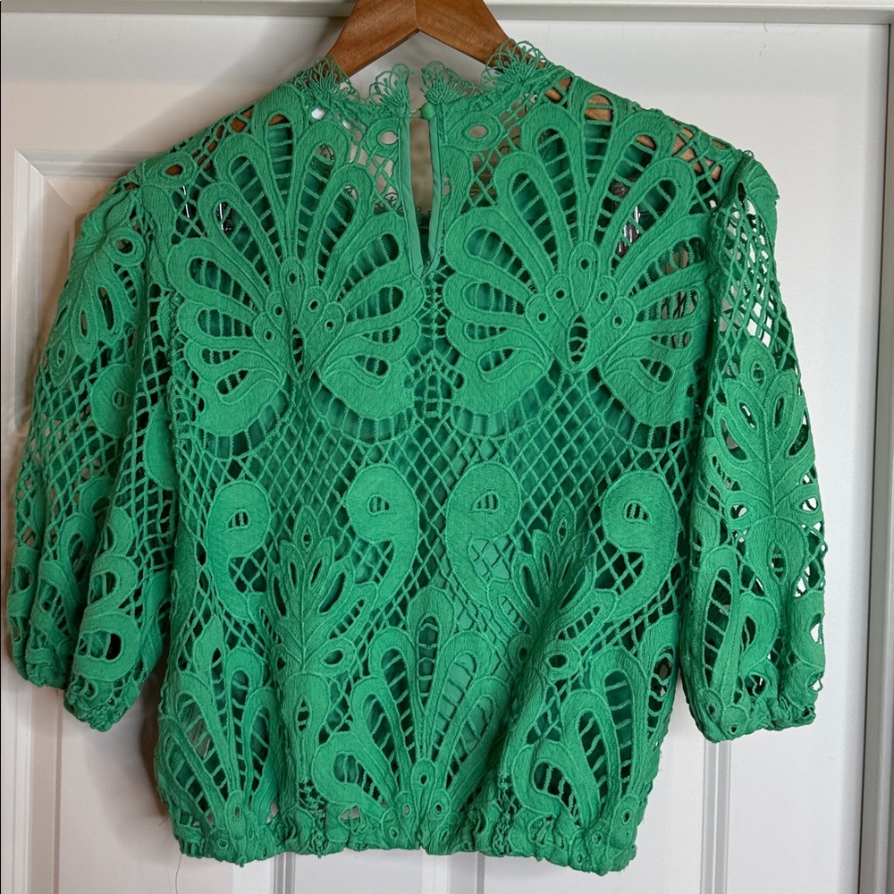 Vogue Vibes green cropped puffy sleeve floral eyelet cut blouse top sz Lg - Picture 6 of 8